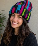 Handmade Chunky Knit Slouchy Multicolor Striped Beanie Hat Black Cuff. Fixed Price $20.00.