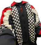 Vintage Polaris Indy Racing Red White Black Checkers Satin Snowmobile Jacket Med. Fixed Price $36.95.