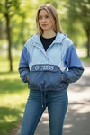 Guess Jacket Womens Medium Blue Colorblock Hooded Anorak Windbreaker Spell Out. Fixed Price $29.99.