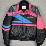 Vintage Polaris Leather Jacket Coat Hein Gericke Women Large Pink Blue Black. Fixed Price $249.95.